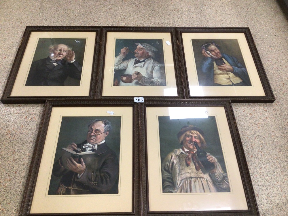 A SET OF FIVE SIGNED PEARS REPRODUCTION FRAMED AND GLAZED PRINTS DEPICTING THE FIVE SENSES, (