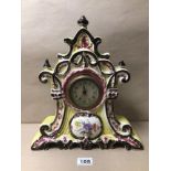 20TH CENTURY FRENCH PORCELAIN MANTEL CLOCK, UNTESTED,36CM IN HEIGHT