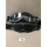 TWO PAIRS OF DUTCH ARMY MVD BALLISTIC GOGGLES, WITH SERVICE NAME TAGS. ONE PAIR CLEAR AND THE