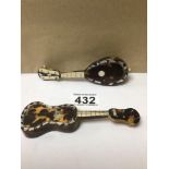 TWO LATE 19TH CENTURY TORTOISESHELL/MOTHERS OF PEARL MINIATURE MUSICAL INSTRUMENTS A/F