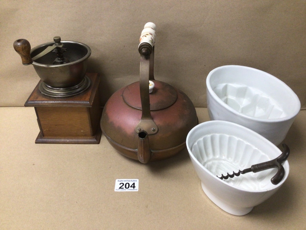 METAL AND WOOD COFFEE GRINDER WITH COPPER KETTLE/TEAPOT TOGETHER WITH THREE OTHERS