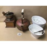 METAL AND WOOD COFFEE GRINDER WITH COPPER KETTLE/TEAPOT TOGETHER WITH THREE OTHERS