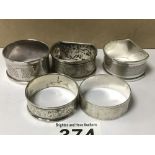 FIVE HALLMARKED SILVER NAPKIN RINGS (TWO A PAIR) BIRMINGHAM 1940, HENRY GRIFFITH AND SONS, 65 GRAMS