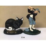 TWO CAST IRON DOOR STOPS, (CAT AND GOLFER)