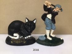 TWO CAST IRON DOOR STOPS, (CAT AND GOLFER)
