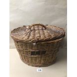 VINTAGE LIDDED OVAL WICKER BASKET, WITH LEATHER STRAP, A/F