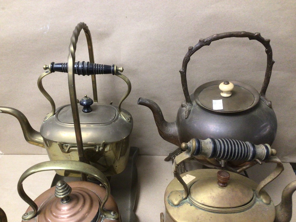 FOUR VICTORIAN COPPER AND BRASS SPIRIT KETTLES ON STANDS - Image 5 of 5