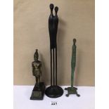 BRONZE EGYPTIAN FIGURE, BEING 23CM IN HEIGHT, WITH TWO OTHER ELONGATED BRONZE FIGURES