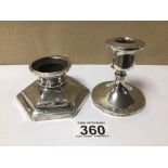 HALLMARKED SILVER CIRCULAR SQUAT CANDLESTICK WITH A HALLMARKED HEXAGONAL INKWELL A/F, TOTAL