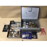 METAL STRONG BOX OF USED COINAGE WORLDWIDE WITH MINTED COINS