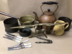 A MIXED BOX OF METAL WARE AND A SECLA MILK JUG, INCLUDES A BRASS FIGURE OF AN EAGLE, A COPPER