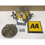 TWO VINTAGE AA BADGES WITH A BELT BUCKLE BY THE BAND (THE SWEET)
