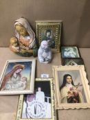 MIXED LOT OF FRAMED PICTURES, PHOTOGRAPHS, AND MORE, INCLUDING RELIGIOUS FIGURES AND MORE