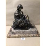 A 19TH CENTURY BRONZE FIGURE OF A SEATED CLASSICAL FEMALE FIGURE ON STEPPED MARBLE BASE, 32 X 33CM