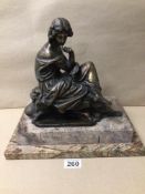 A 19TH CENTURY BRONZE FIGURE OF A SEATED CLASSICAL FEMALE FIGURE ON STEPPED MARBLE BASE, 32 X 33CM