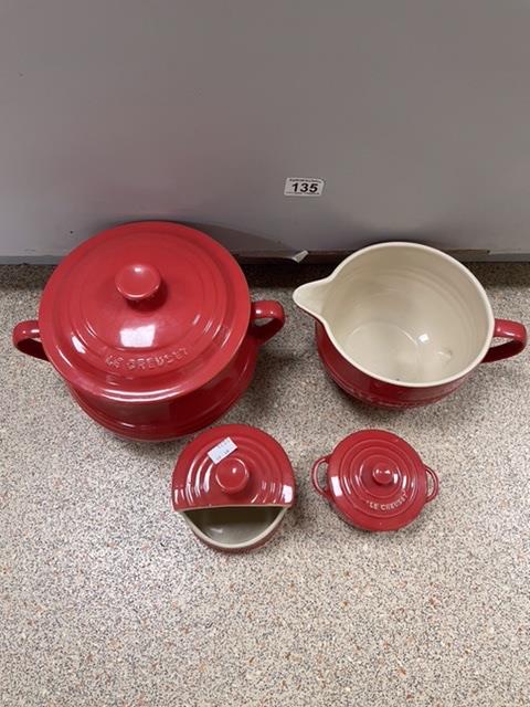 PART SET OF FOUR ‘LE CREUSET’ RED STONEWARE POTS AND JUG - Image 3 of 5