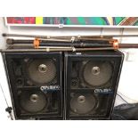 A PAIR OF CARLSBRO 2 X 12 2 HORN PA 150 WATT SPEAKERS WITH STANDS