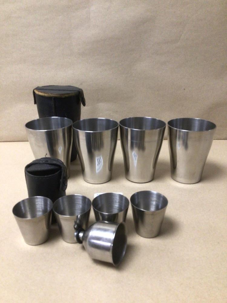 DANISH STAINLESS STEEL DRINKING VESSELS IN LEATHER CASE, ANOTHER CASED SET OF SHOT VESSELS - Image 2 of 4