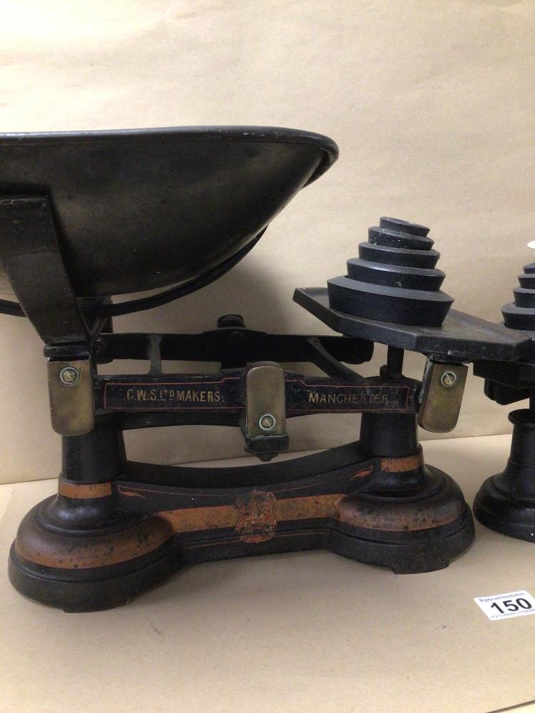 THREE SEPARATE SETS OF VINTAGE CAST IRON KITCHEN SCALES, TWO WITH WEIGHTS AND ONE A/F, ‘C.W.S LTD - Image 3 of 6