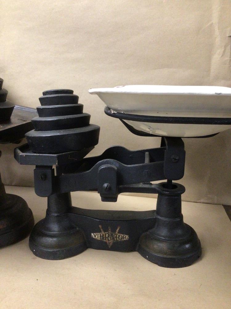 THREE SEPARATE SETS OF VINTAGE CAST IRON KITCHEN SCALES, TWO WITH WEIGHTS AND ONE A/F, ‘C.W.S LTD - Image 2 of 6