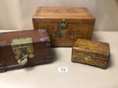 THREE WOODEN TRINKET/JEWELLERY BOXES, A/F