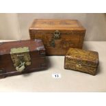 THREE WOODEN TRINKET/JEWELLERY BOXES, A/F