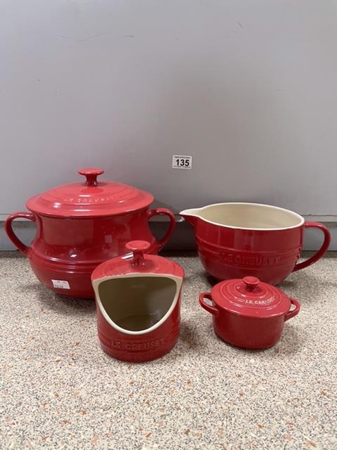 PART SET OF FOUR ‘LE CREUSET’ RED STONEWARE POTS AND JUG