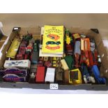 BOX OF DIE-CAST CARS AND VEHICLES (PLAY WORN), INCLUDES CORGI, DINKY, MATCHBOX, AND MORE. TOGETHER