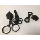 FOUR VINTAGE SPY GLASSES, HORN BAKELITE AND MORE