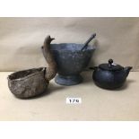 MIXED THREE PIECES OF VINTAGE METALWARE, INCLUDES SVENSKT TENN PESTLE AND MORTAR, A SMALL CAST