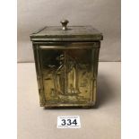 A VINTAGE BRASS TEA-CADDY, 16CM