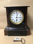 SLATE AND MARBLE MANTLE CLOCK WORKINGS BY R AND G W/O WITH PENDULUM AND KEY, 22CM
