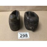 TWO CARVED STONE CHINESE OIL LAMPS, 13CM