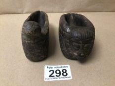 TWO CARVED STONE CHINESE OIL LAMPS, 13CM