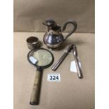 HALLMARKED SILVER AND WHITE METAL ITEMS INCLUDES VINTAGE SILVER MAGNIFING GLASS