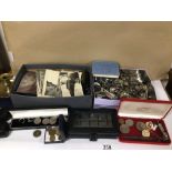 MIXED COLLECTION OF SILVER-PLATED FLATWARE/CUTLERY TOGETHER WITH EMPTY JEWELLERY BOXES COINAGE AND