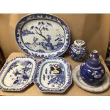 MIXED COLLECTION OF BLUE AND WHITE CHINA OF FLORAL AND ORIENTAL FIGURES DESIGN, SOME A/F