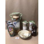 A MIXED COLLECTION OF POTTERY AND PORCELAIN WITH MARKINGS TO BASE INCLUDES, ROYAL DOULTON DICKENS