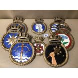 BOX OF EIGHT ROYAL NAVAL PLASTER WALL PLAQUES, INCLUDES HMS TURBULENT, HMS CROSSBOW, HMS PENELOPE,
