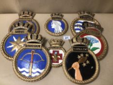 BOX OF EIGHT ROYAL NAVAL PLASTER WALL PLAQUES, INCLUDES HMS TURBULENT, HMS CROSSBOW, HMS PENELOPE,