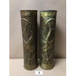 A MATCHING PAIR OF 75MM WWI FRENCH FIELD GUN TRENCH ART BRASS SHELL CASINGS FORMED INTO VASES,