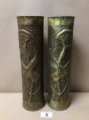 A MATCHING PAIR OF 75MM WWI FRENCH FIELD GUN TRENCH ART BRASS SHELL CASINGS FORMED INTO VASES,