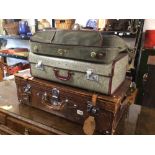 THREE VINTAGE SUITCASES, UNICORN, AND EXTENDABLE BROWN LEATHER