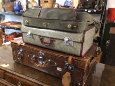 THREE VINTAGE SUITCASES, UNICORN, AND EXTENDABLE BROWN LEATHER