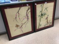 PAIR OF MASSIP COMAS SIGNED, EBONISED FRAMED, AND GLAZED JAPANESE STYLED WATERCOLOURS OF PLUM/CHERRY