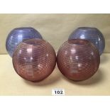 TWO PAIRS OF ART GLASS ROUND VASES (BLUE AND RED), ONE PAIR MARKED ‘TCHECOSLOVAQUIE’ (