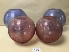 TWO PAIRS OF ART GLASS ROUND VASES (BLUE AND RED), ONE PAIR MARKED ‘TCHECOSLOVAQUIE’ (