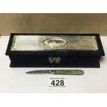 925 TOP BLUE VELVET BOX WITH HALLMARKED SILVER POCKET KNIFE A/F