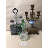 FOUR-PIECE SILVER PLATED AND GLASS CRUET CONDIMENT SET ON STAND, A THREE BRANCH CANDELABRA, AND A