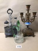 FOUR-PIECE SILVER PLATED AND GLASS CRUET CONDIMENT SET ON STAND, A THREE BRANCH CANDELABRA, AND A